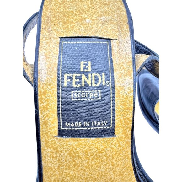 Fendi FF Logo Black Leather Ankle Strap Heels Sandals IT 36 Gold Silver Hardware - Picture 6 of 11